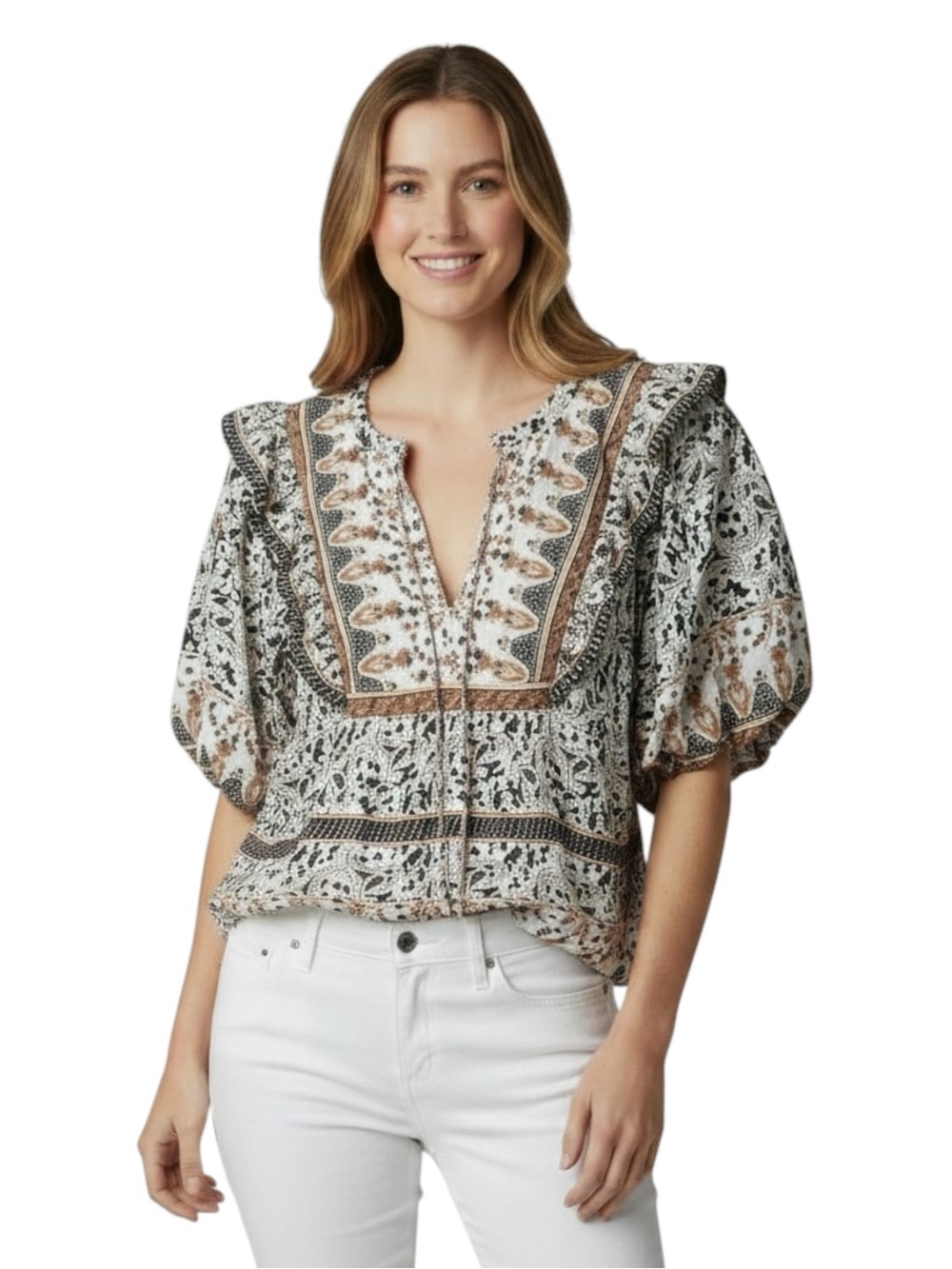 NWT Calypso St. Barth Black & Tan Printed Peasant Blouse 100% Cotton Size Small